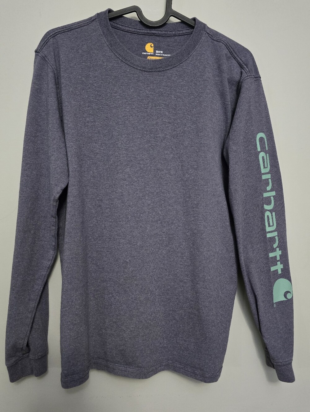 Carhartt Long-Sleeve Tee — Heather Navy with Teal Sleeve Logo Size Small